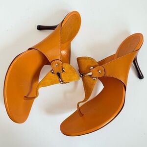 Gucci Mustard Yellow Suede Leather hasler horsebit thong heel sandals US 8